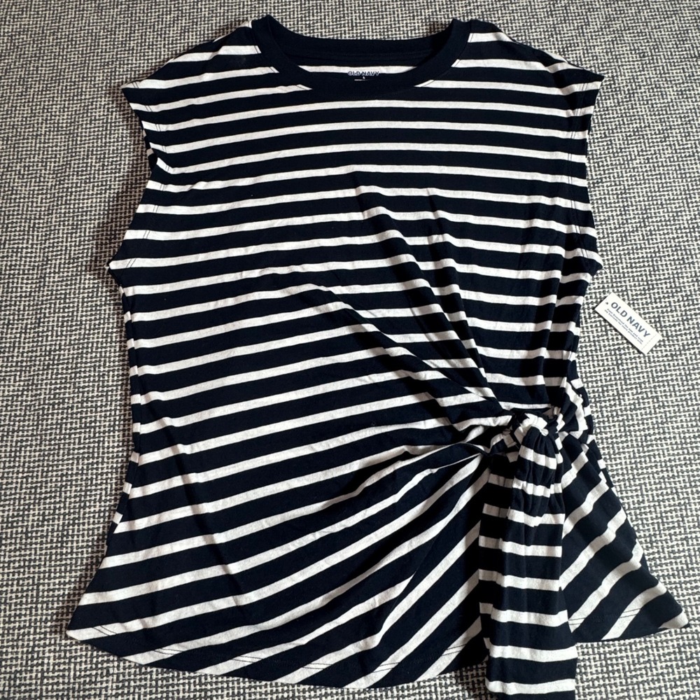 Old Navy Womens Large Navy Blue White Striped Side Tie Knot Sleeveless Top NWT